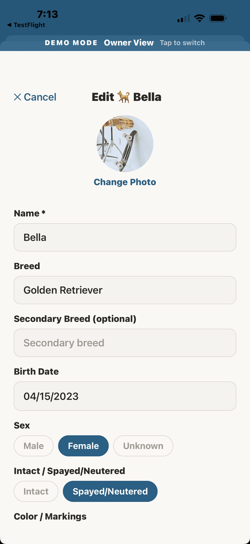 Edit animal details form