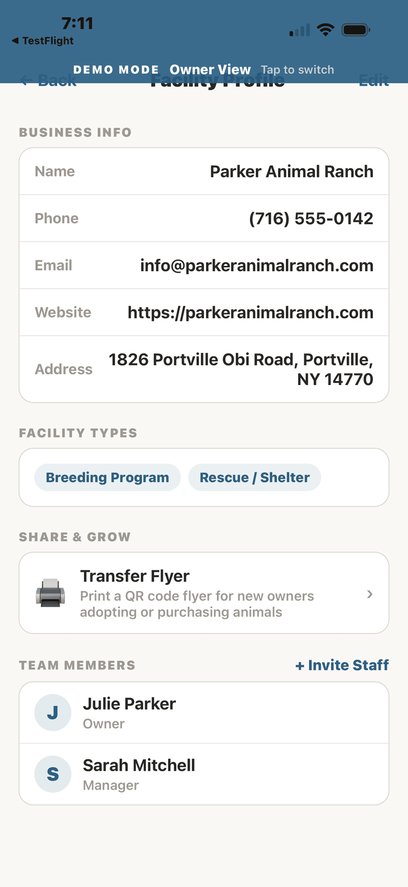 Facility profile with business info