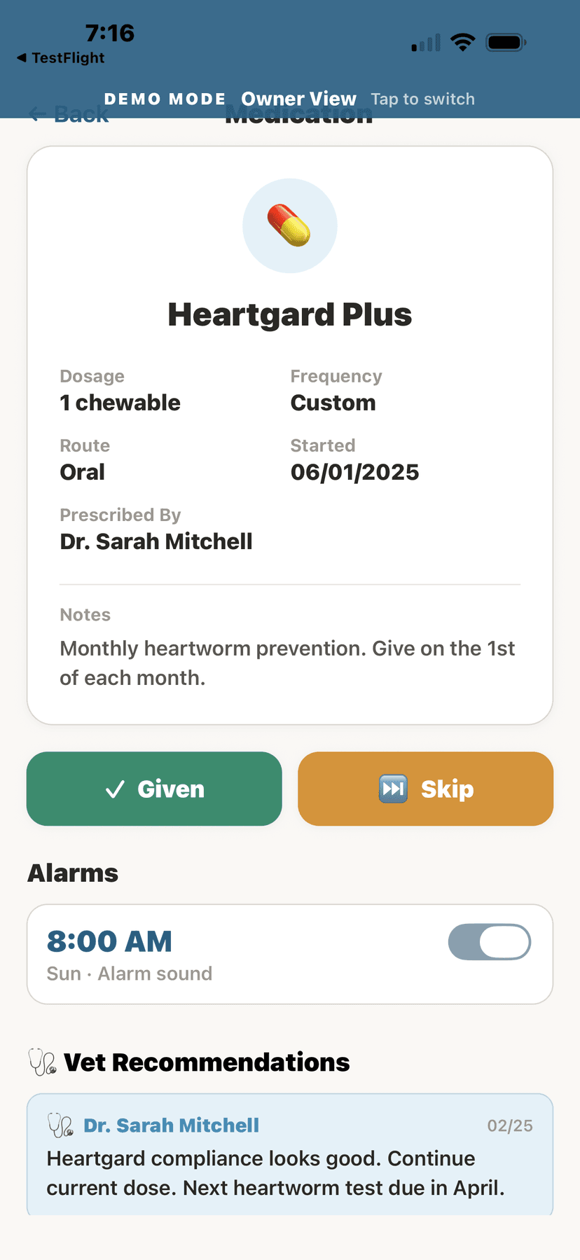 Medication detail with vet recommendations