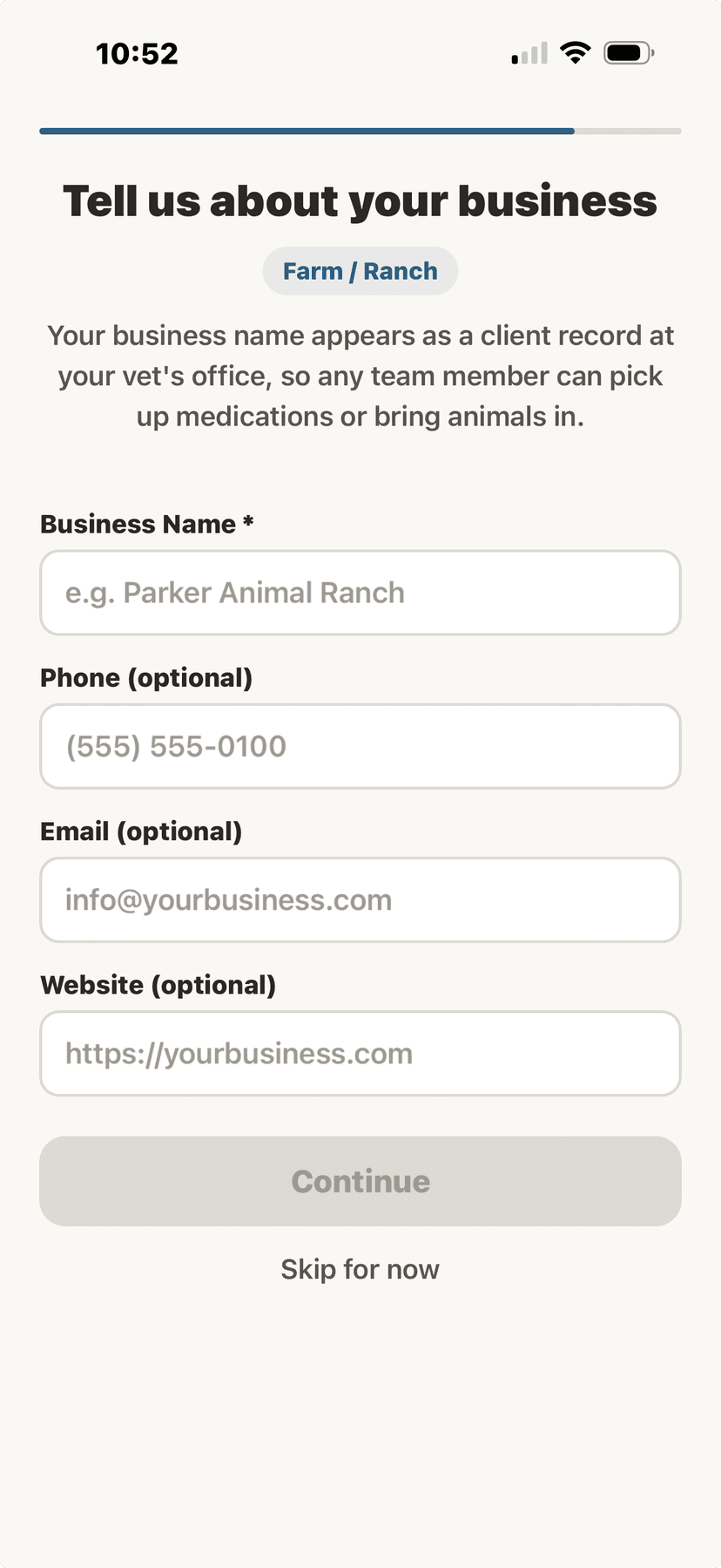 Business info setup during onboarding