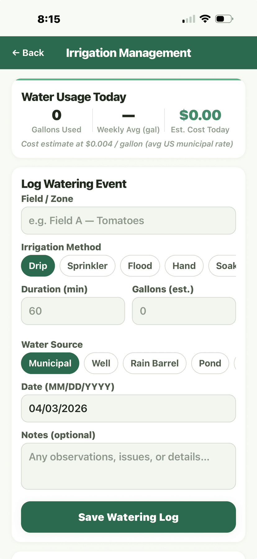 Irrigation Management - water usage and log watering form