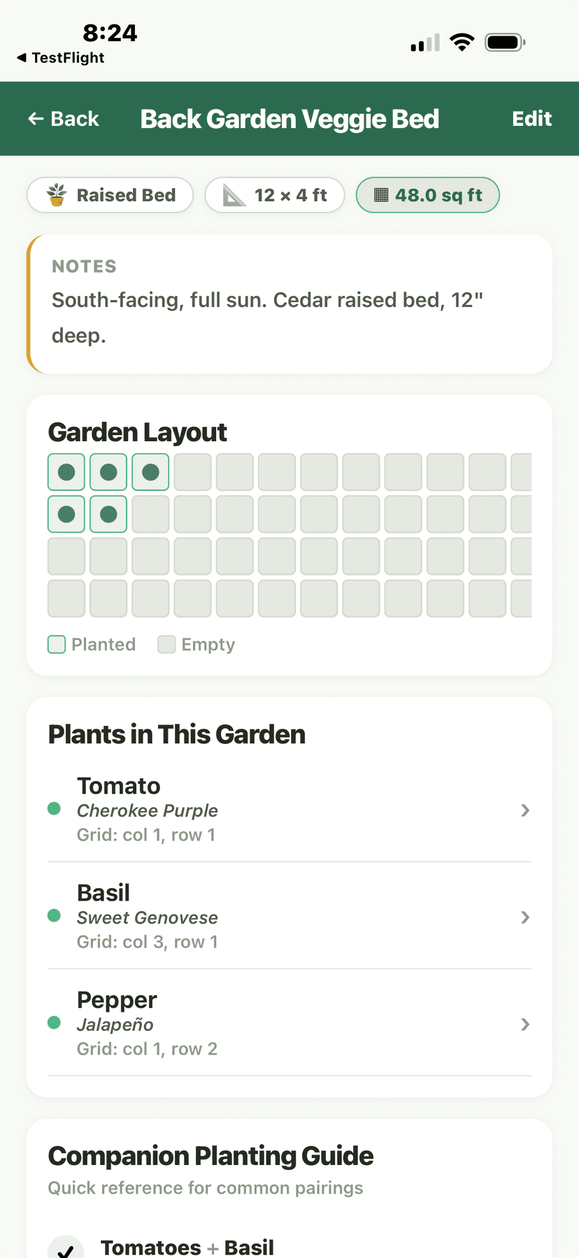 Garden Bed Detail - grid layout with plants and companion guide