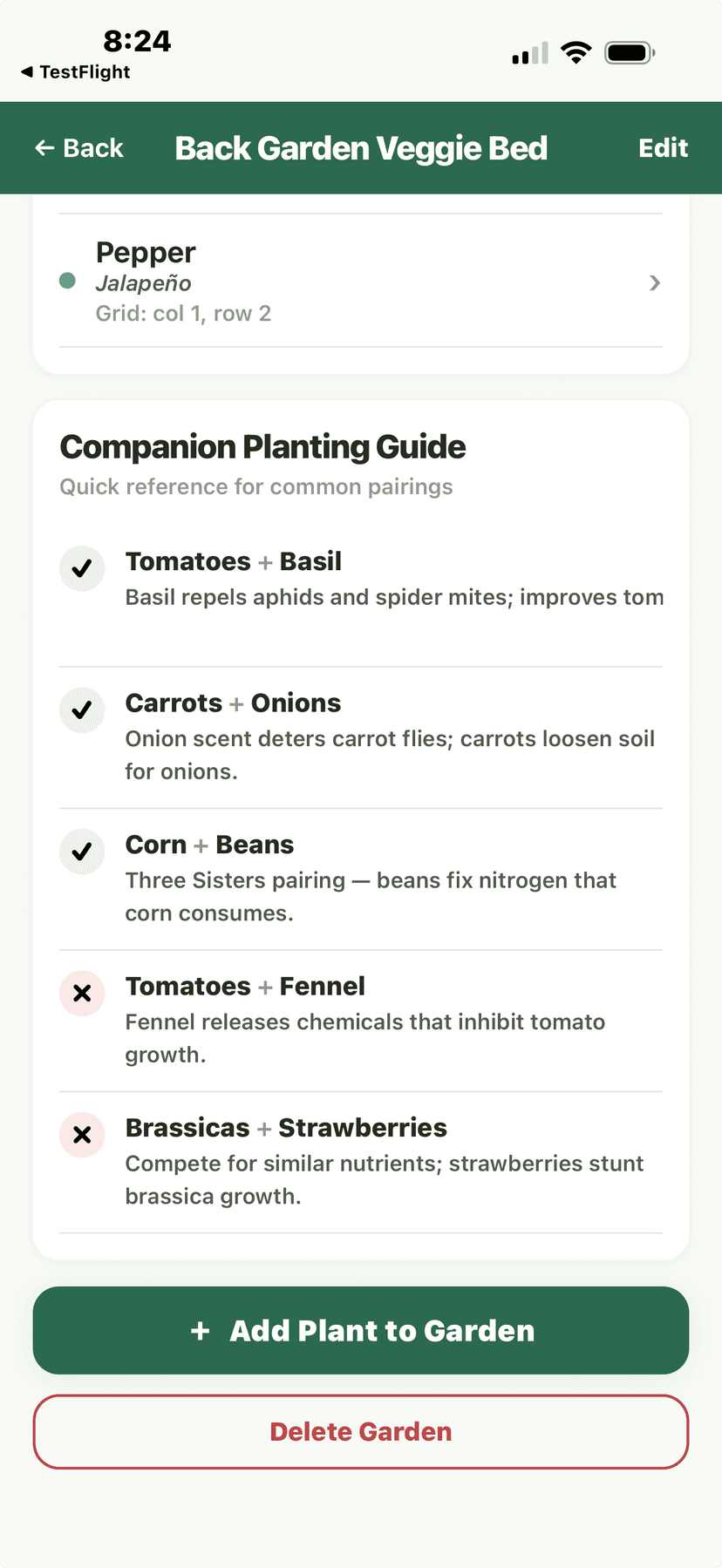 Garden Bed Detail - companion planting, add plant, and delete