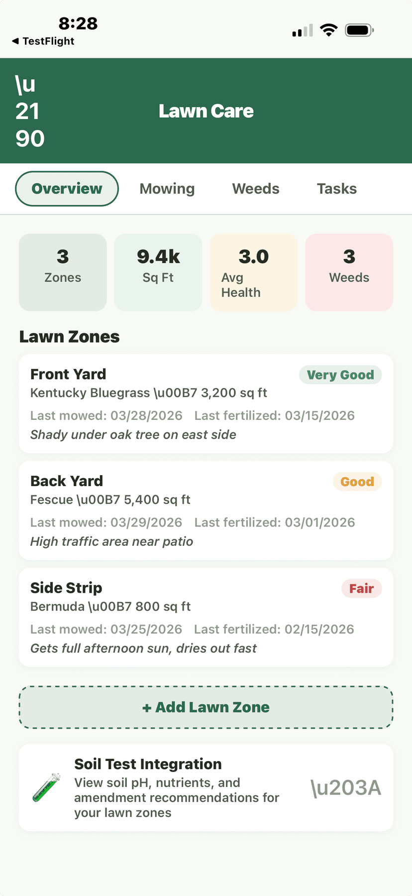 Lawn Care - Overview with 3 zones, health ratings, soil test