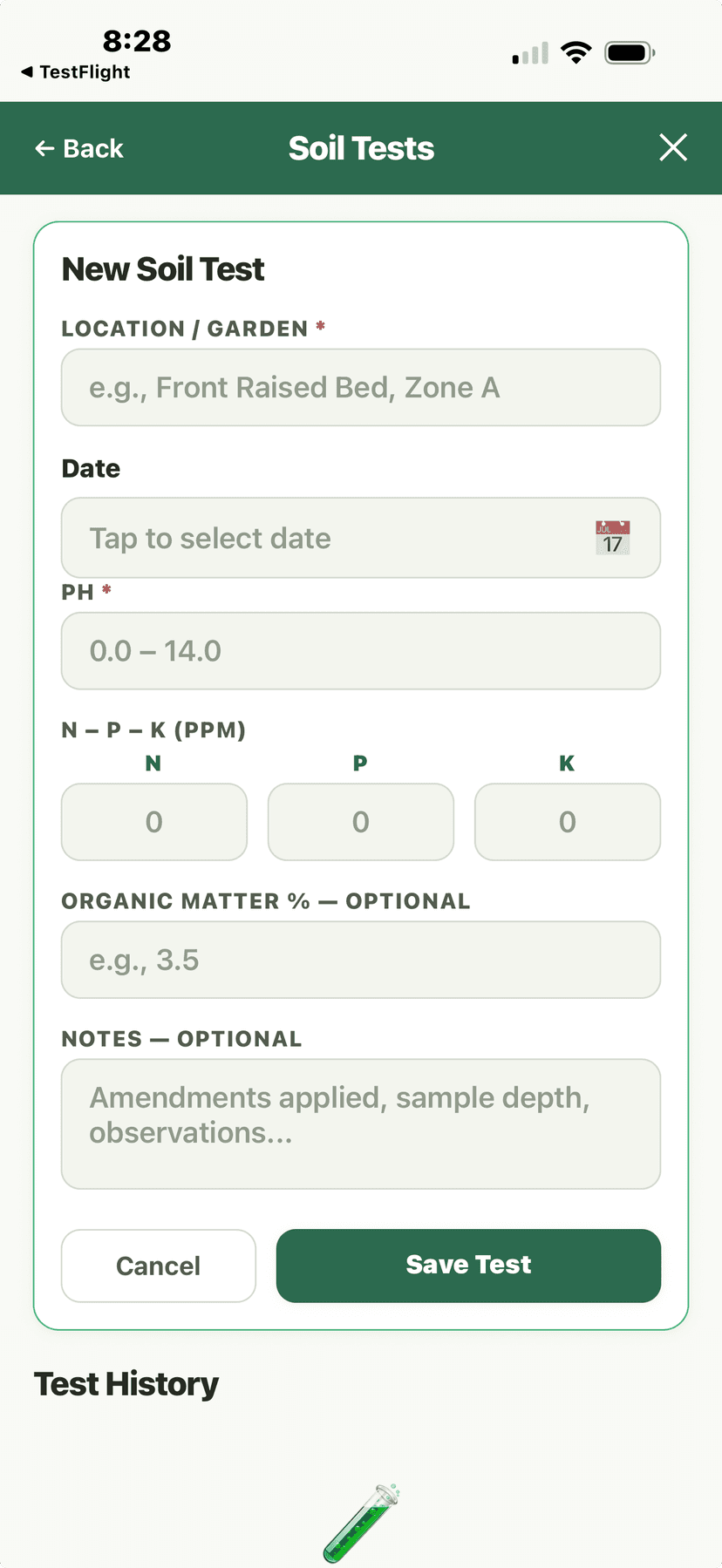 Soil Tests - new test form with location, pH, NPK, organic matter