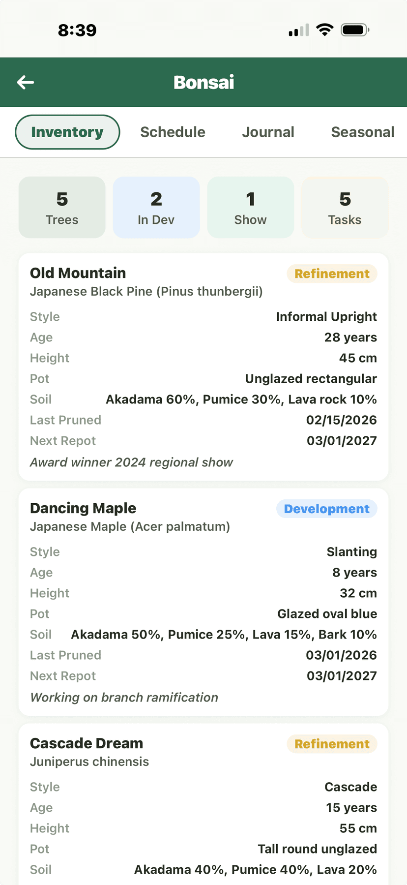 Bonsai - Inventory with 5 trees and details