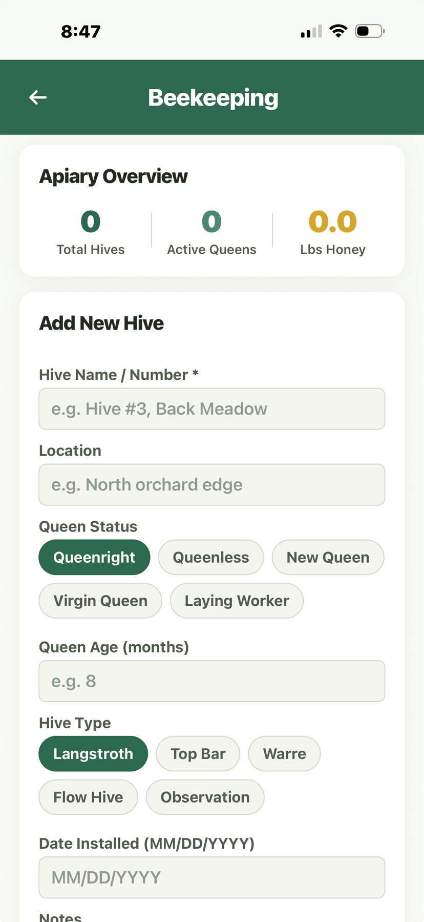 Beekeeping - Add New Hive form