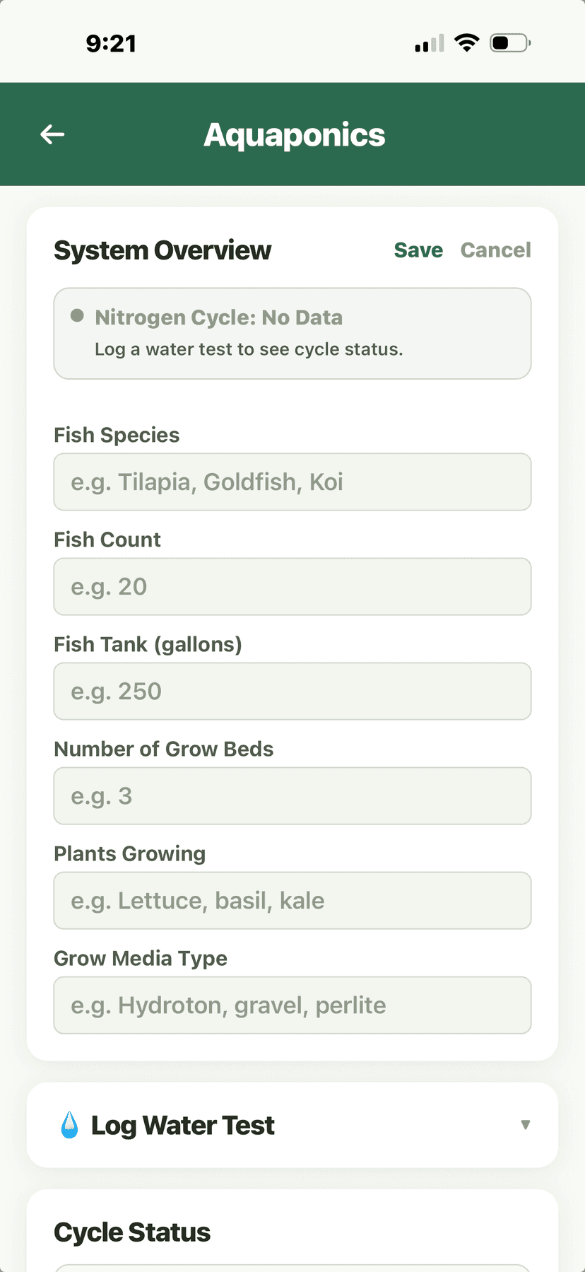 Aquaponics - system overview form