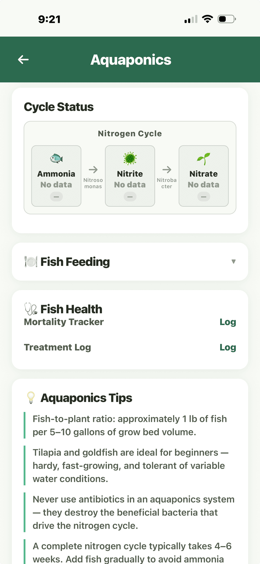 Aquaponics - nitrogen cycle, fish feeding, and health