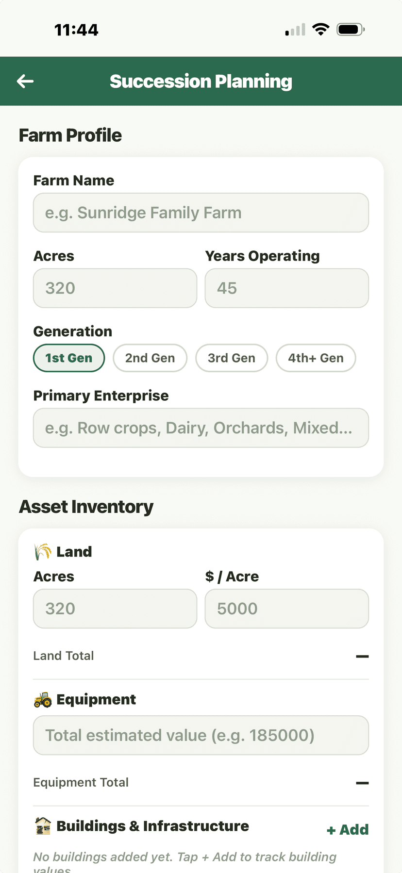 Succession Planning - farm profile with acres, generation, and asset inventory