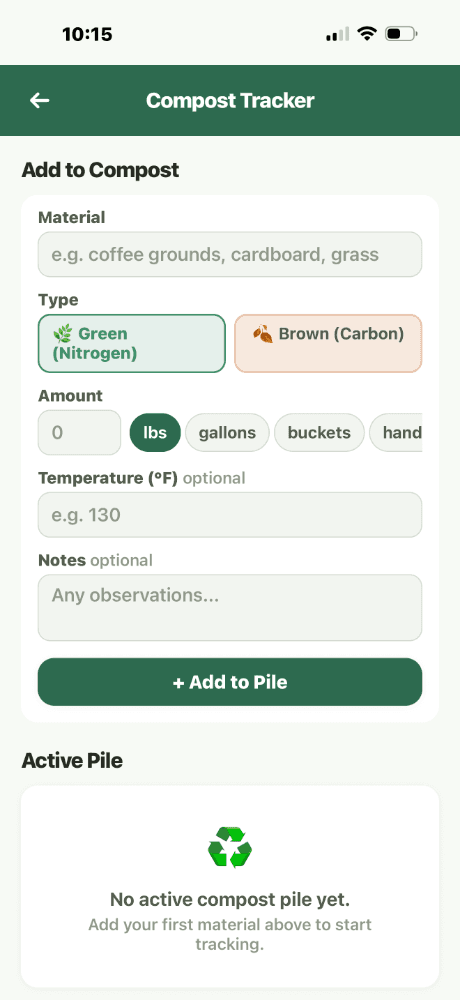 Compost Tracker - Add to Compost form with Material, Type green/brown toggle, Amount with unit options, Temperature, Notes