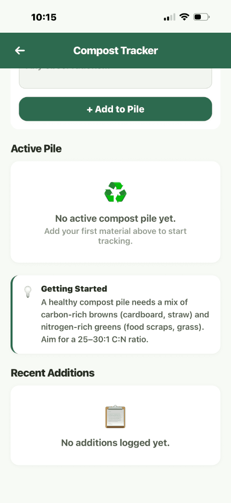 Compost Tracker scrolled - Active Pile empty state, Getting Started tip about C:N ratio, Recent Additions